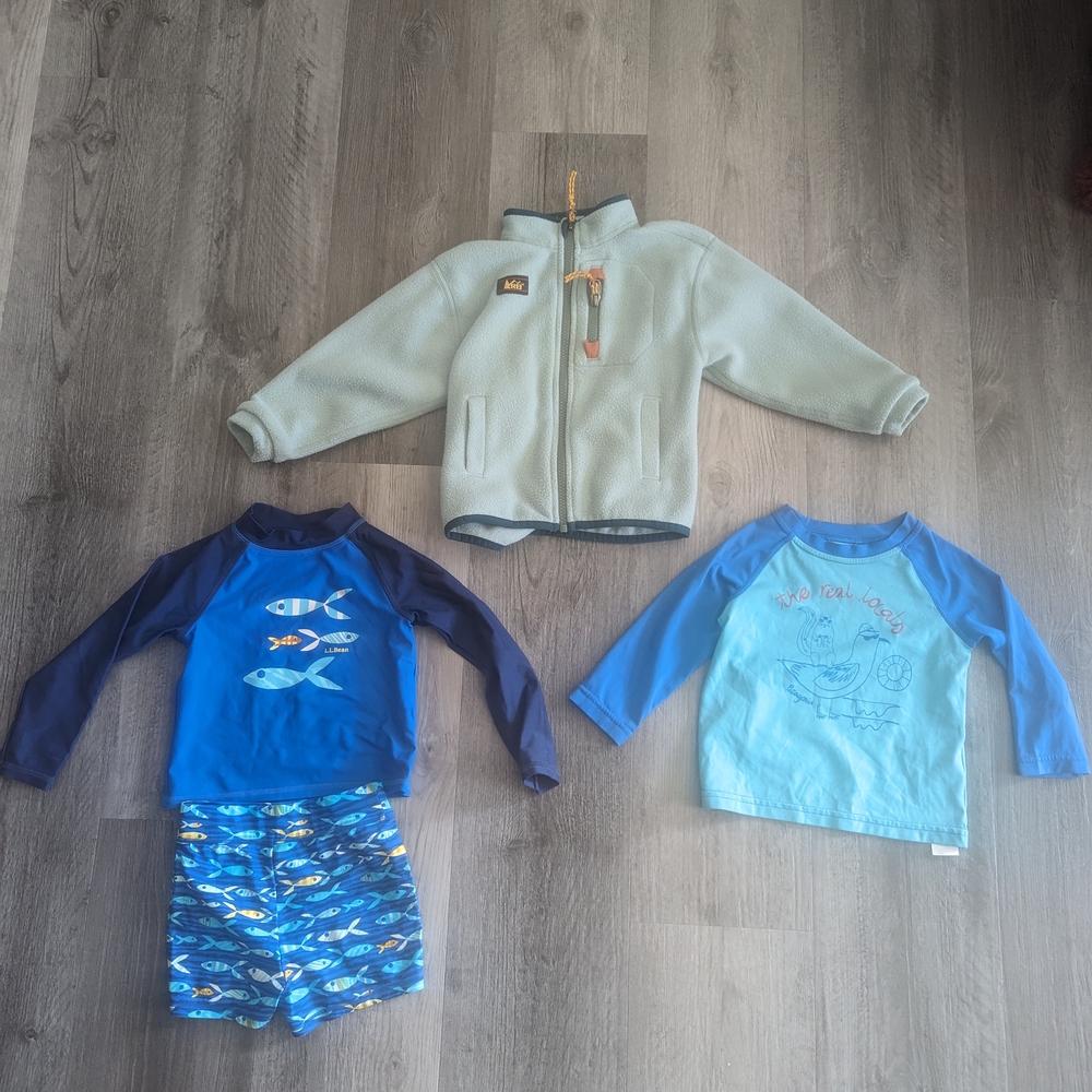 Toddler patagonia Capilene Cool, LL Bean Swimsuit and REI COOP Fleece